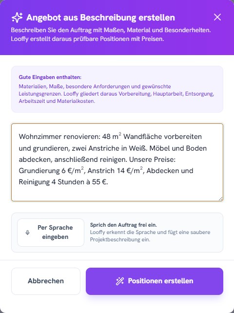Echte Looffy-Eingabemaske mit einer beispielhaften Anfrage für Malerarbeiten