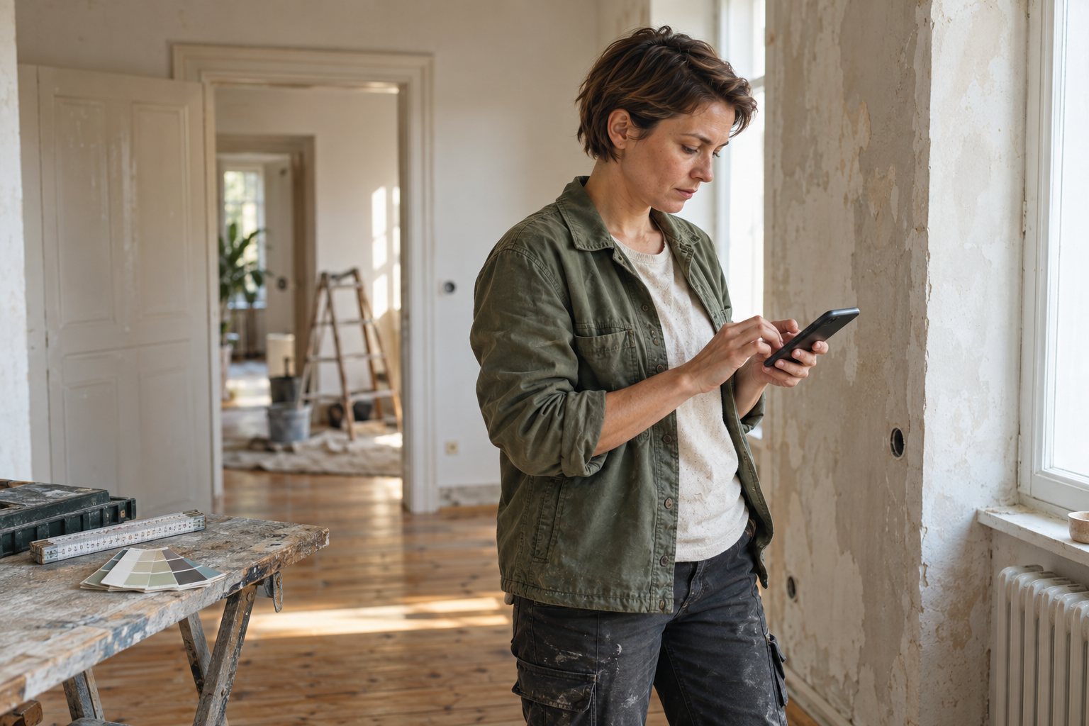 Illustrative Szene: Eine Handwerkerin hält die Angaben einer Wohnungsrenovierung auf ihrem Smartphone fest.
